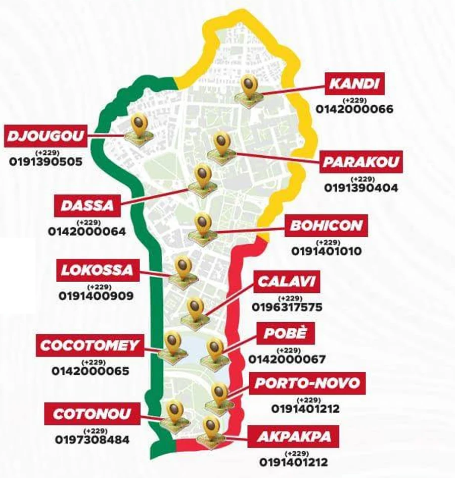 Carte officielle des douze sites ESM-BÉNIN avec leurs marqueurs de localisation